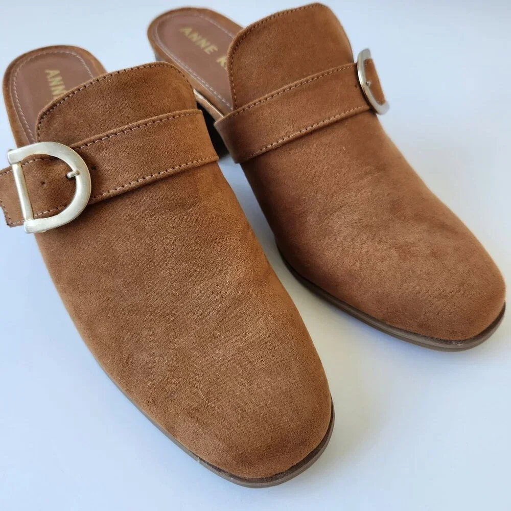 Anne Klein Brown Block Heel Mules Faux Suede Buckle Slip On Business Casual 10 - Picture 5 of 14